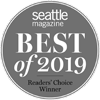 A round badge from Seattle Magazine reads "Best of 2019 Readers' Choice Winner" in white text on a gray background.