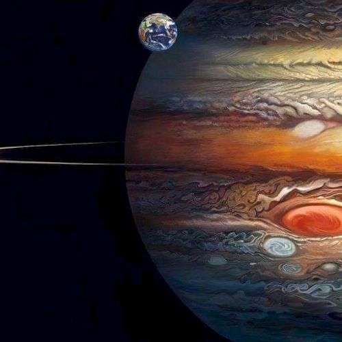 A digitally created image of Jupiter with its Great Red Spot, a tiny Earth, and two spacecraft.