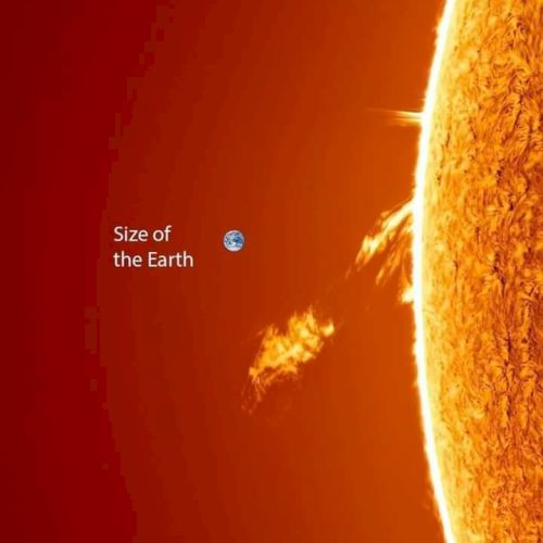 The image compares the size of Earth to a solar prominence on the Sun, highlighting the Sun's massive scale.