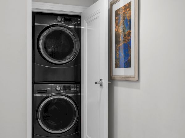 A stacked washer and dryer in a closet with the door open, next to a framed abstract artwork hanging on the wall.