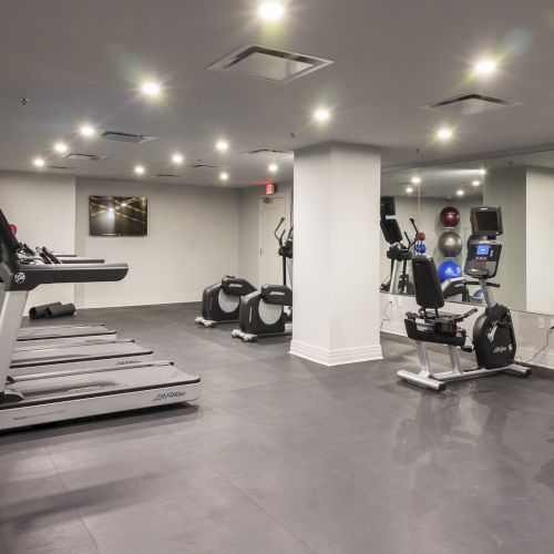 A well-lit gym with treadmills, elliptical machines, exercise bike, rowing machine, wall mirrors, and stability balls.