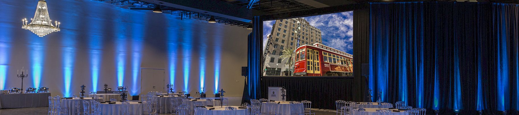 Grand Hall ballroom set for a dinner event at The Jung Hotel & Residences, New Orleans