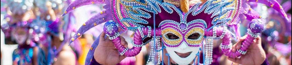 Costumed Mardi Gras revelers in feathered masks at a New Orleans parade