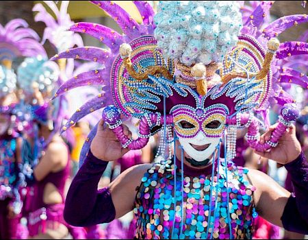 Costumed Mardi Gras revelers in feathered masks at a New Orleans parade